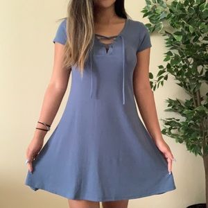 Blue Ribbed & Laced Casual Dress